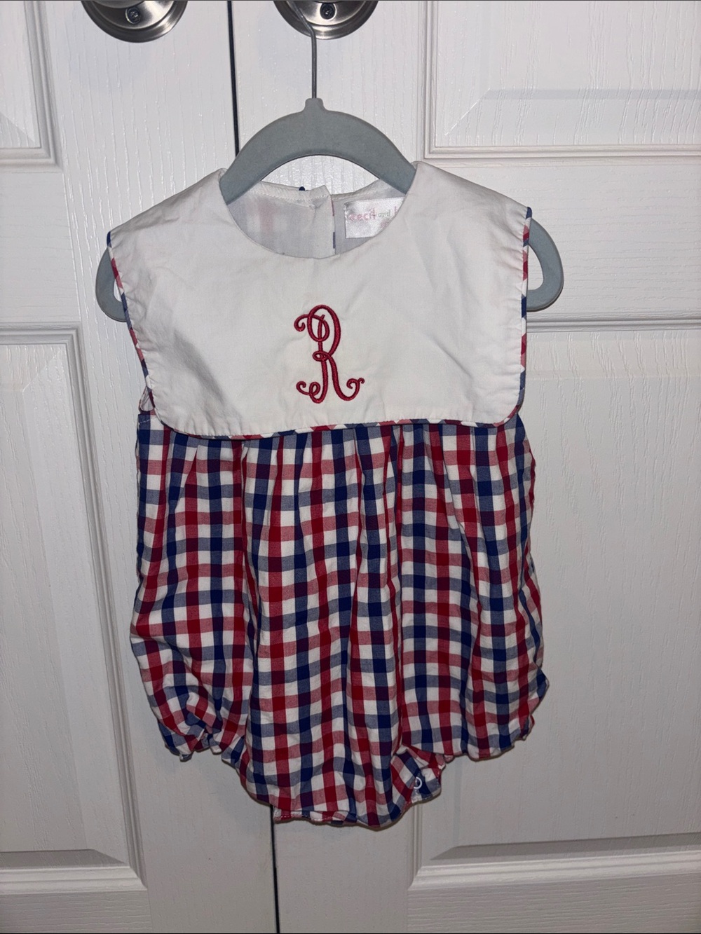 Monogrammed Red & Blue Gingham Baby Bubble Romper with White Bib